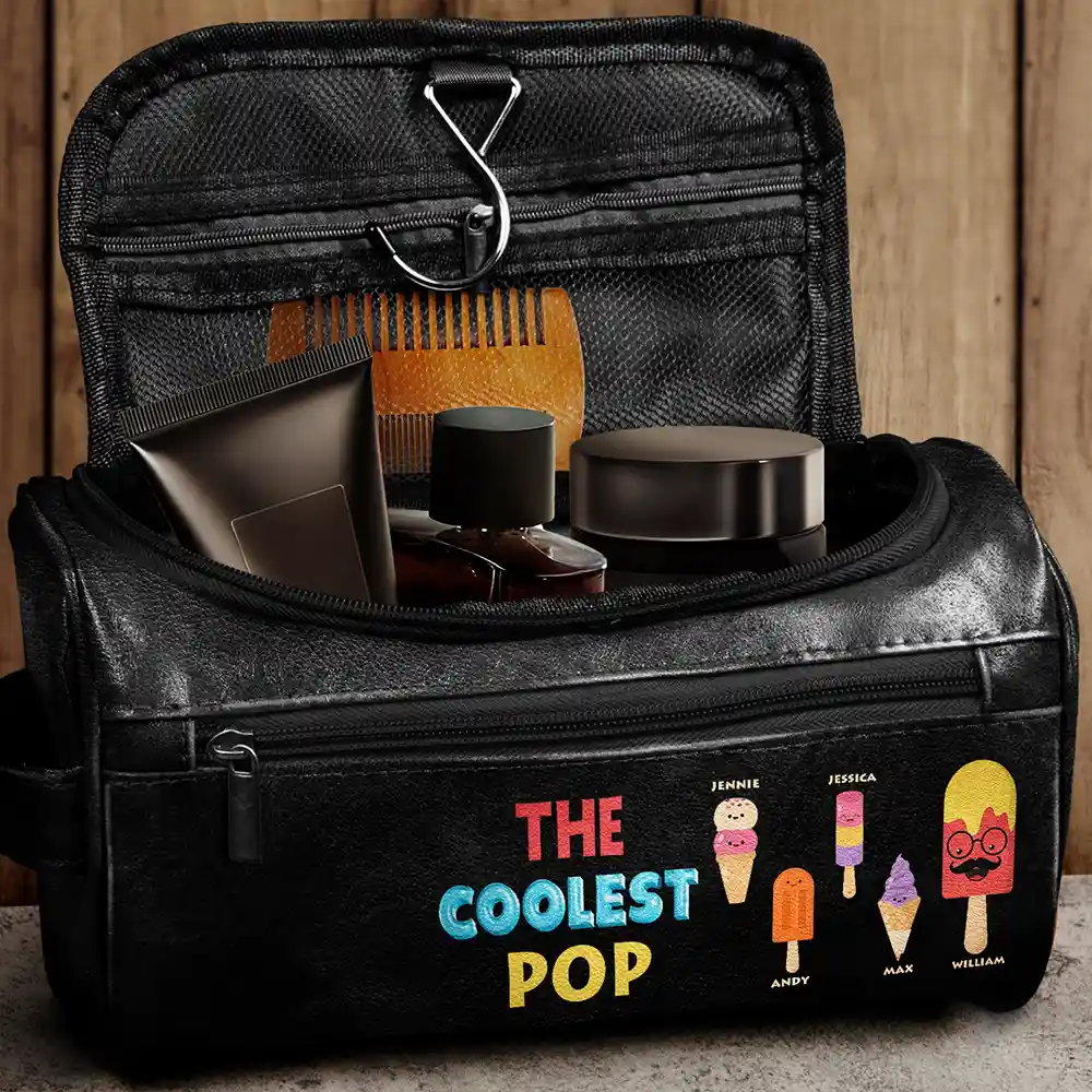 Gift For Grandpa, Gift For Father, Funny - The Coolest Pop Funny Cartoon Ice Cream - Personalized Leather Toiletry Bag