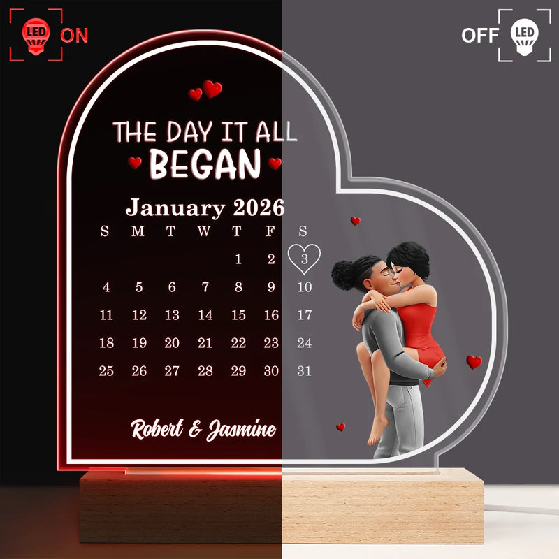 Gift For Couples,Gift For Husband,Gift For Wife,Gift For Girlfriend,LGBT,Love - The Day It All Began - Personalized 3D Led Light Wooden Base