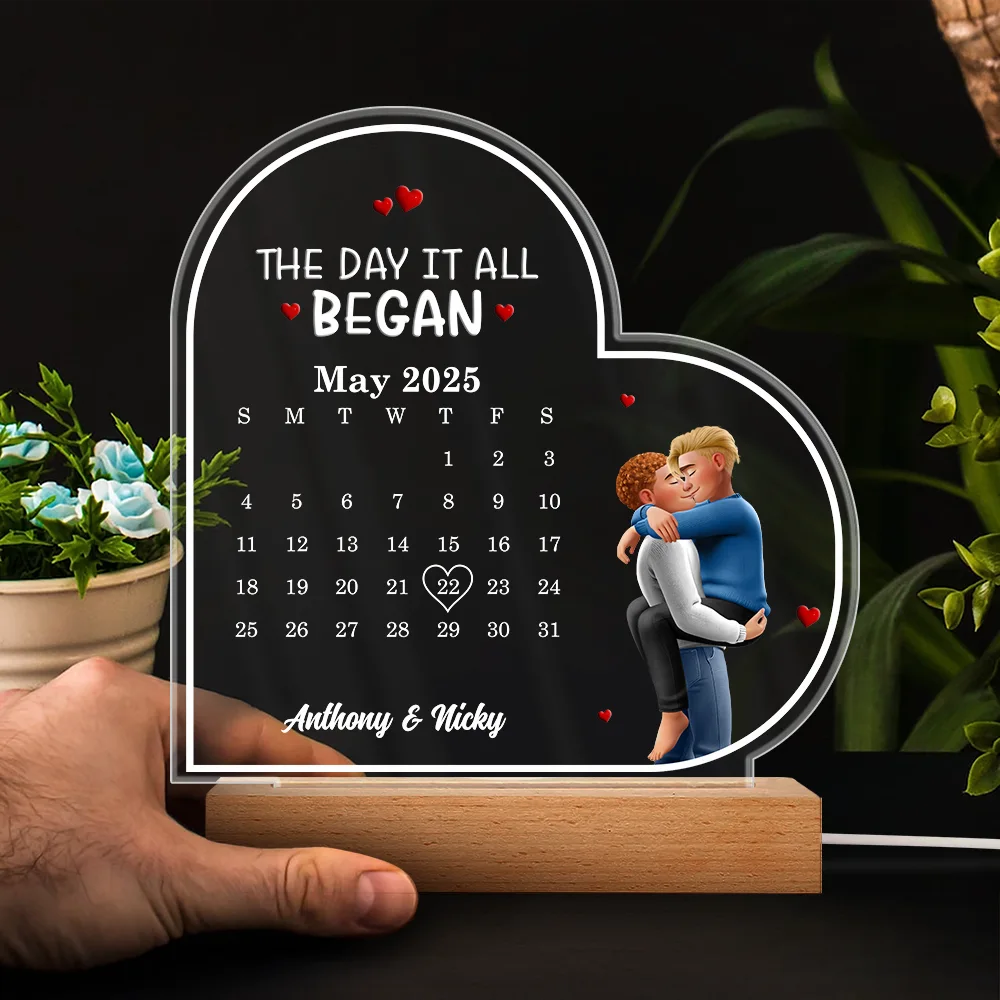 Gift For Couples,Gift For Husband,Gift For Wife,Gift For Girlfriend,LGBT,Love - The Day It All Began - Personalized 3D Led Light Wooden Base