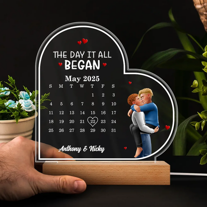 Gift For Couples,Gift For Husband,Gift For Wife,Gift For Girlfriend,LGBT,Love - The Day It All Began - Personalized 3D Led Light Wooden Base