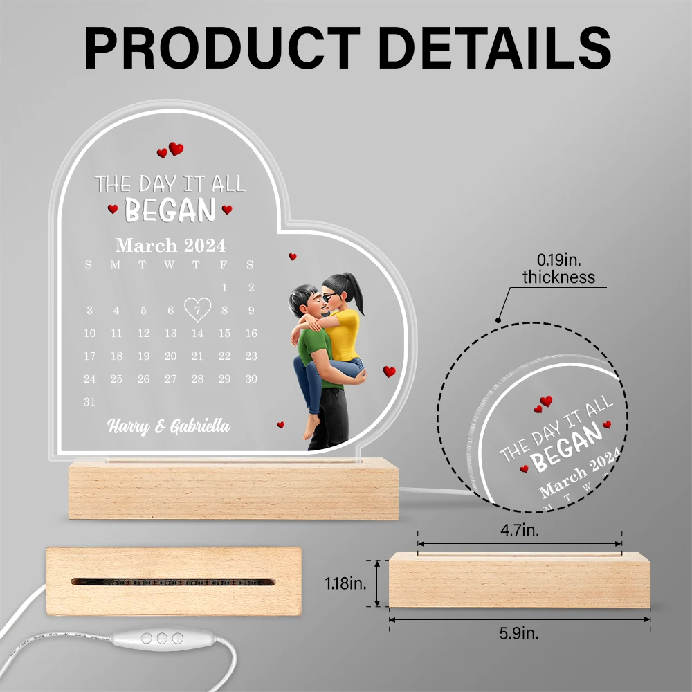 Gift For Couples,Gift For Husband,Gift For Wife,Gift For Girlfriend,LGBT,Love - The Day It All Began - Personalized 3D Led Light Wooden Base