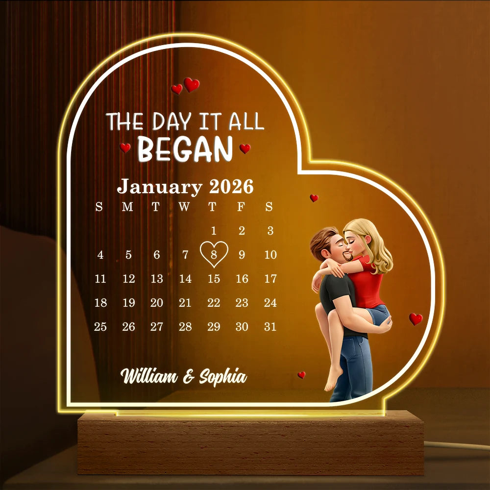 Gift For Couples,Gift For Husband,Gift For Wife,Gift For Girlfriend,LGBT,Love - The Day It All Began - Personalized 3D Led Light Wooden Base