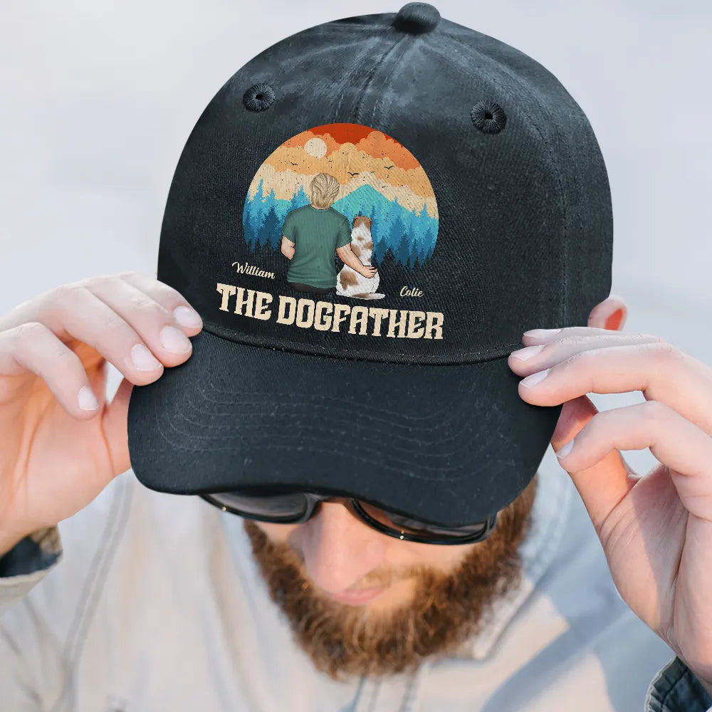 Dog Lovers,Dog Dad,Dog Mom - The Dogfather - Personalized Vintage Washed Denim Cap