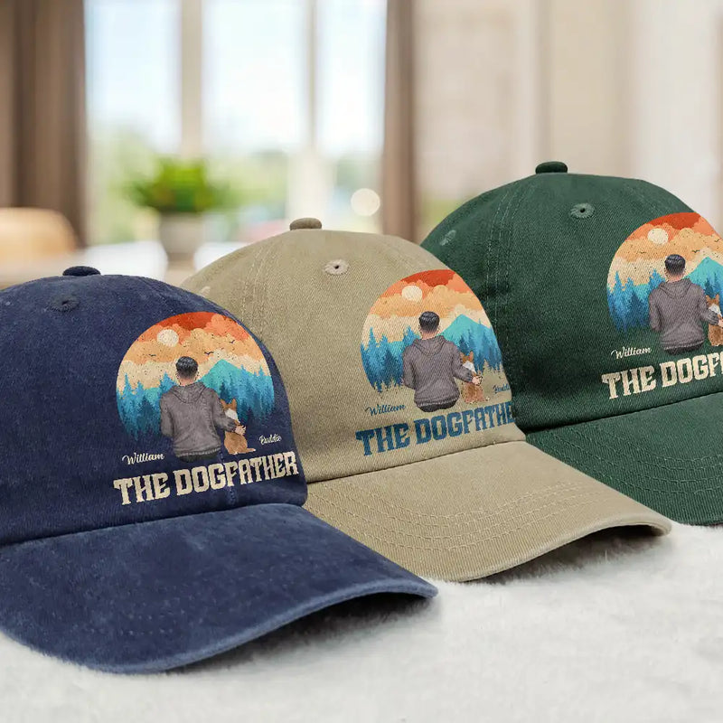 Dog Lovers,Dog Dad,Dog Mom - The Dogfather - Personalized Vintage Washed Denim Cap