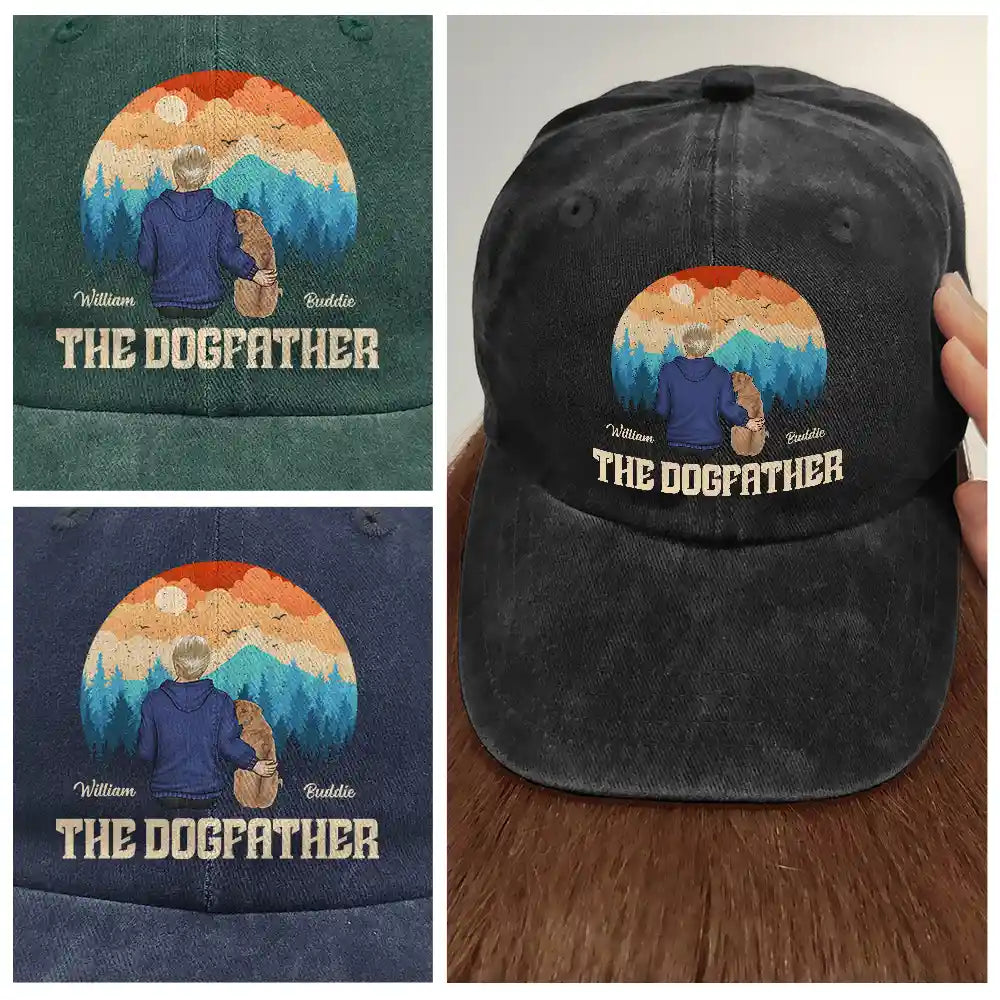 Dog Lovers,Dog Dad,Dog Mom - The Dogfather - Personalized Vintage Washed Denim Cap