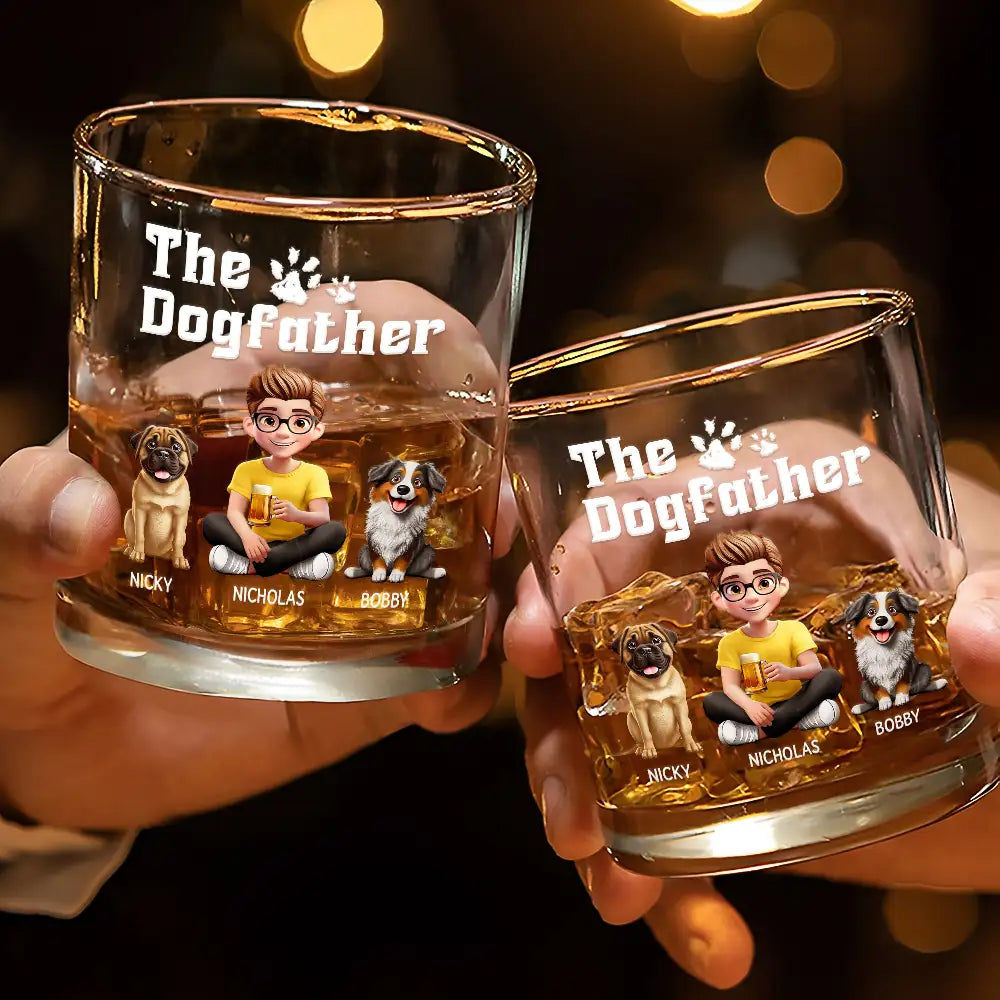 Dog Lovers,Dog Mom,Dog Dad,Pet Lovers,Pet Mom,Pet Dad,Happy - The Dogfather 3D Effect - Personalized Whiskey Glass