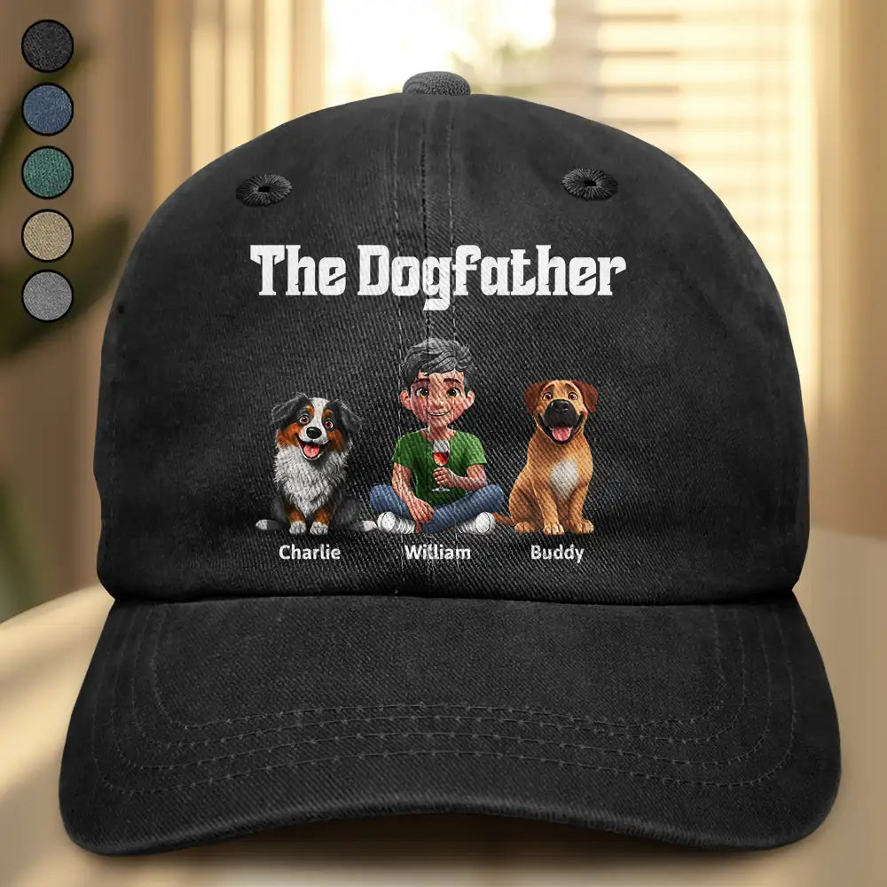Dog Lovers, Dog Mom, Dog Dad, Summer, Pet Lovers, Pet Mom, Pet Dad, Happy - The Dogfather Dogmother - Personalized Vintage Washed Denim Cap