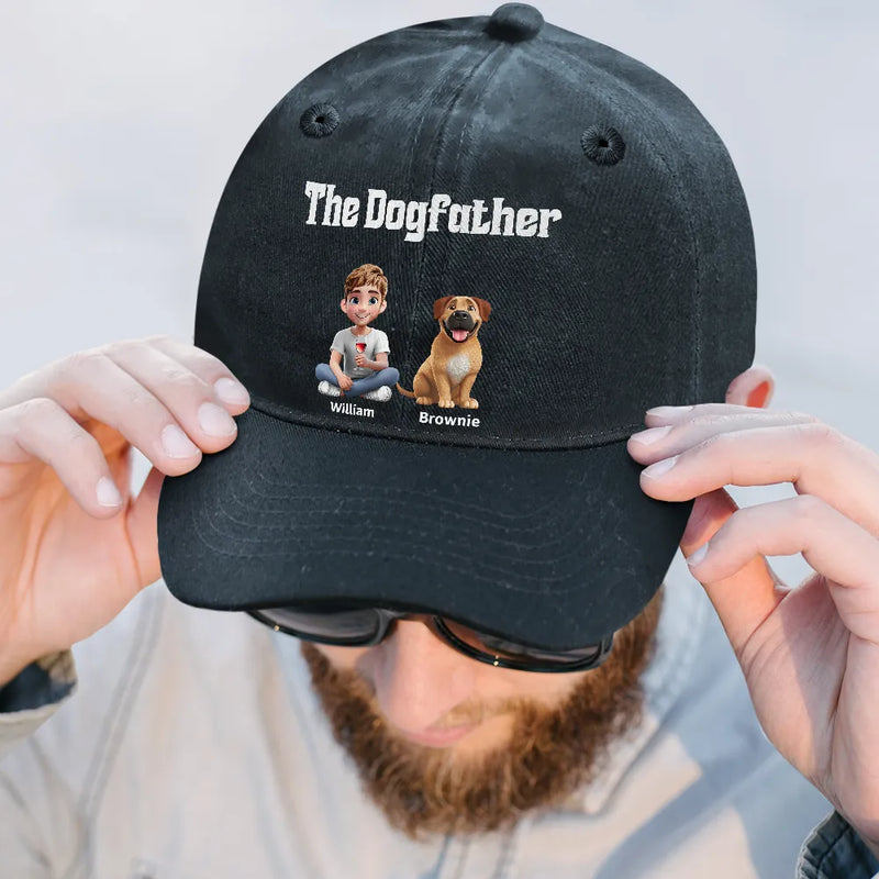 Dog Lovers, Dog Mom, Dog Dad, Summer, Pet Lovers, Pet Mom, Pet Dad, Happy - The Dogfather Dogmother - Personalized Vintage Washed Denim Cap