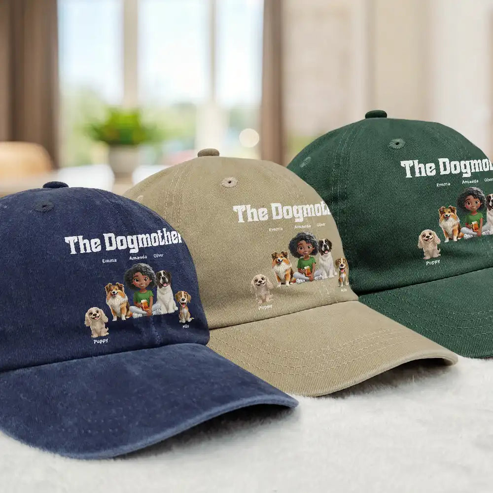 Dog Lovers, Dog Mom, Dog Dad, Summer, Pet Lovers, Pet Mom, Pet Dad, Happy - The Dogfather Dogmother - Personalized Vintage Washed Denim Cap