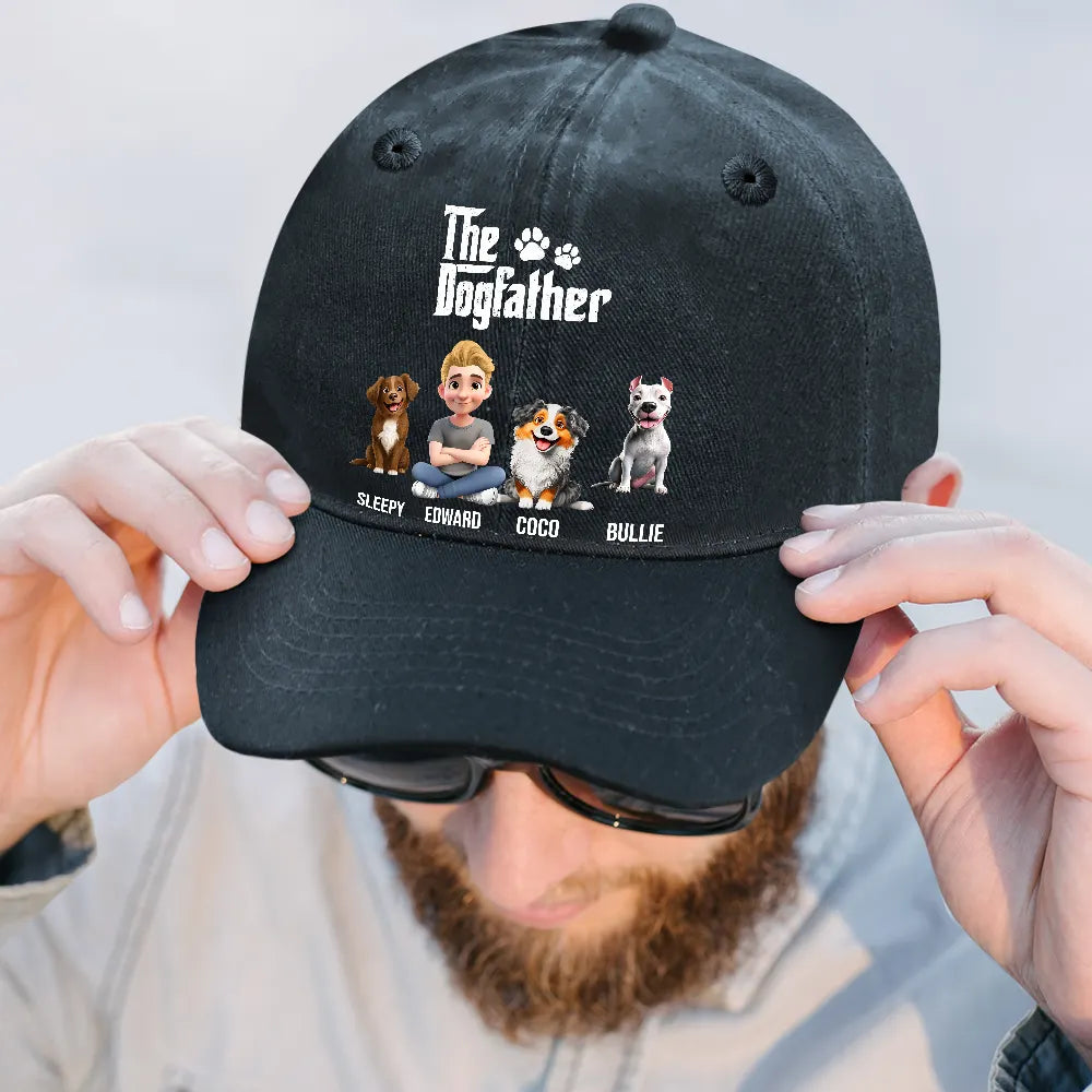 Dog Mom, Dog Dad, Dog Lovers, Happy - The Dogmother Dogfather - Personalized Vintage Washed Denim Cap