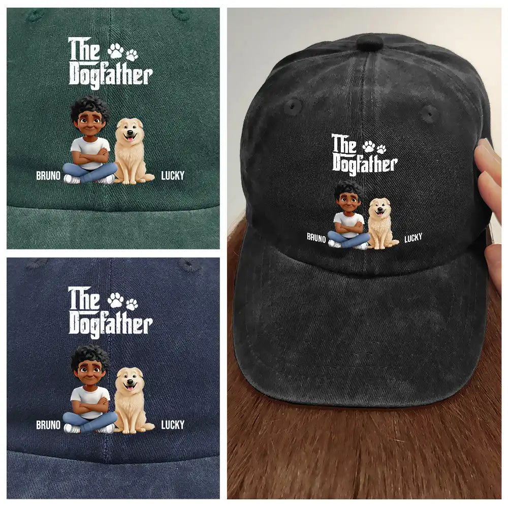 Dog Mom, Dog Dad, Dog Lovers, Happy - The Dogmother Dogfather - Personalized Vintage Washed Denim Cap