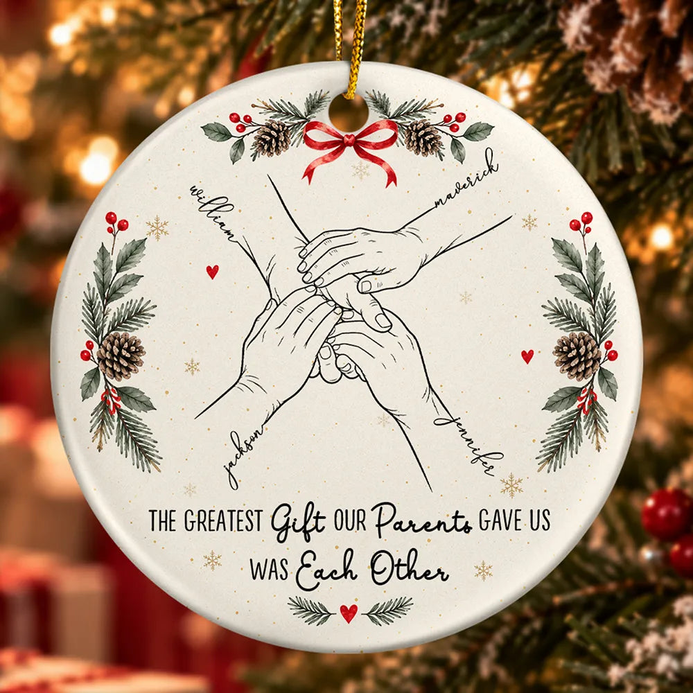 Sentimental,Christmas,Family,Icon - The Greatest Gift Sibling Brother Sister Hands Line Art - Personalized Circle Ceramic Ornament