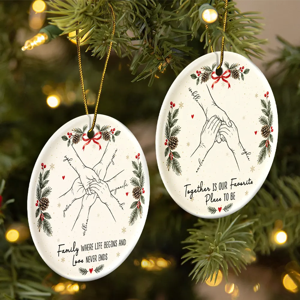 Sentimental,Christmas,Family,Icon - The Greatest Gift Sibling Brother Sister Hands Line Art - Personalized Circle Ceramic Ornament