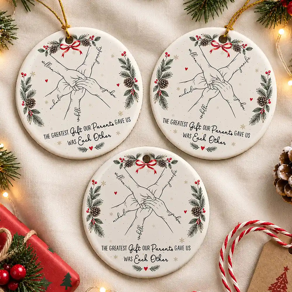 Sentimental,Christmas,Family,Icon - The Greatest Gift Sibling Brother Sister Hands Line Art - Personalized Circle Ceramic Ornament
