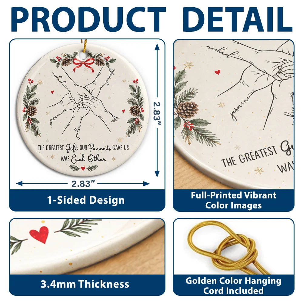 Sentimental,Christmas,Family,Icon - The Greatest Gift Sibling Brother Sister Hands Line Art - Personalized Circle Ceramic Ornament