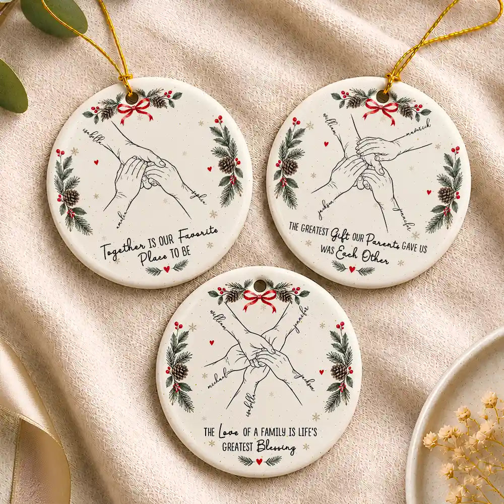 Sentimental,Christmas,Family,Icon - The Greatest Gift Sibling Brother Sister Hands Line Art - Personalized Circle Ceramic Ornament