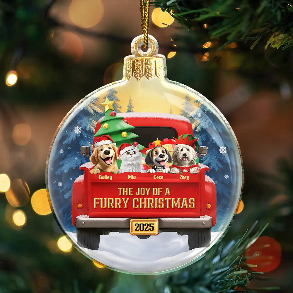 Pet Lovers,Pet Mom,Pet Dad,Pet Couple,Cat Lovers,Cat Mom,Cat Couple,Cat Dad,Dog Lovers,Dog Mom,Dog Dad,Dog Couple,Gift For Women,Gift For Men,Gift For Husband,Gift For Wife,Gift For Boyfriend,Gift For Girlfriend,Gift For Yourself,Happy,Christmas - The Joy Of A Furry Christmas 3D Effect - Personalized Custom Shaped Acrylic Ornament