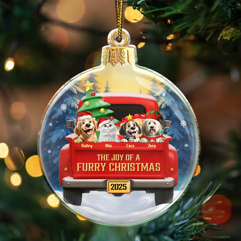 Pet Lovers,Pet Mom,Pet Dad,Pet Couple,Cat Lovers,Cat Mom,Cat Couple,Cat Dad,Dog Lovers,Dog Mom,Dog Dad,Dog Couple,Gift For Women,Gift For Men,Gift For Husband,Gift For Wife,Gift For Boyfriend,Gift For Girlfriend,Gift For Yourself,Happy,Christmas - The Joy Of A Furry Christmas 3D Effect - Personalized Custom Shaped Acrylic Ornament