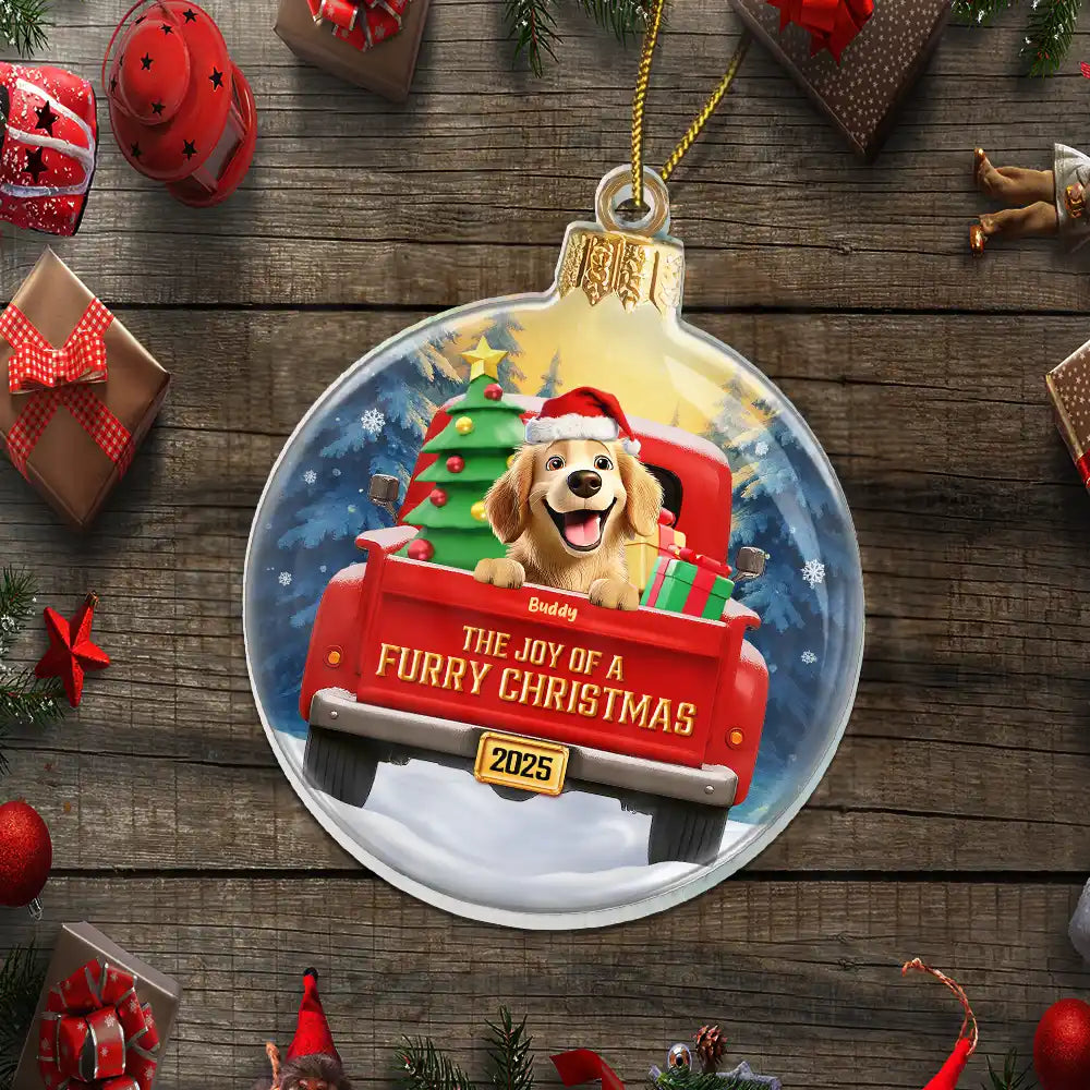Pet Lovers,Pet Mom,Pet Dad,Pet Couple,Cat Lovers,Cat Mom,Cat Couple,Cat Dad,Dog Lovers,Dog Mom,Dog Dad,Dog Couple,Gift For Women,Gift For Men,Gift For Husband,Gift For Wife,Gift For Boyfriend,Gift For Girlfriend,Gift For Yourself,Happy,Christmas - The Joy Of A Furry Christmas 3D Effect - Personalized Custom Shaped Acrylic Ornament