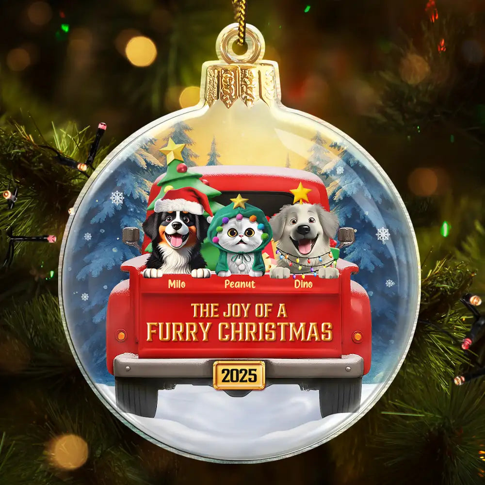 Pet Lovers,Pet Mom,Pet Dad,Pet Couple,Cat Lovers,Cat Mom,Cat Couple,Cat Dad,Dog Lovers,Dog Mom,Dog Dad,Dog Couple,Gift For Women,Gift For Men,Gift For Husband,Gift For Wife,Gift For Boyfriend,Gift For Girlfriend,Gift For Yourself,Happy,Christmas - The Joy Of A Furry Christmas 3D Effect - Personalized Custom Shaped Acrylic Ornament