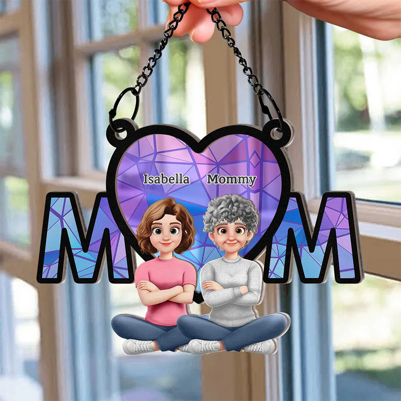 Gift For Mother,Mom - Children,Happy - The Love Between Mother & Daughter Is Forever Sitting - Personalized Window Hanging Suncatcher Ornament
