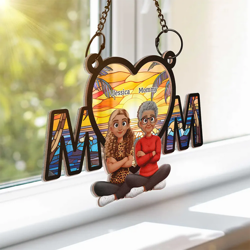 Gift For Mother,Mom - Children,Happy - The Love Between Mother & Daughter Is Forever Sitting - Personalized Window Hanging Suncatcher Ornament