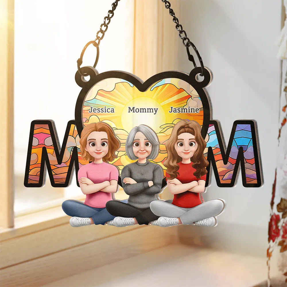 Gift For Mother,Mom - Children,Happy - The Love Between Mother & Daughter Is Forever Sitting - Personalized Window Hanging Suncatcher Ornament