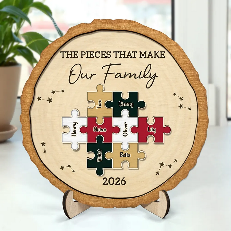 Family,Pet Lovers,Pet Mom,Pet Dad,Pet Couple,Dog Lovers,Dog Couple,Dog Mom,Dog Dad,Cat Lovers,Cat Mom,Cat Dad,Cat Couple,Happy,Single Mom,Single Dad,Gift For Grandpa,Gift For Grandma,Gift For Grandkids - The Pieces That Make Our Family Puzzle - Personalized 2-Layered Wooden Plaque With Stand