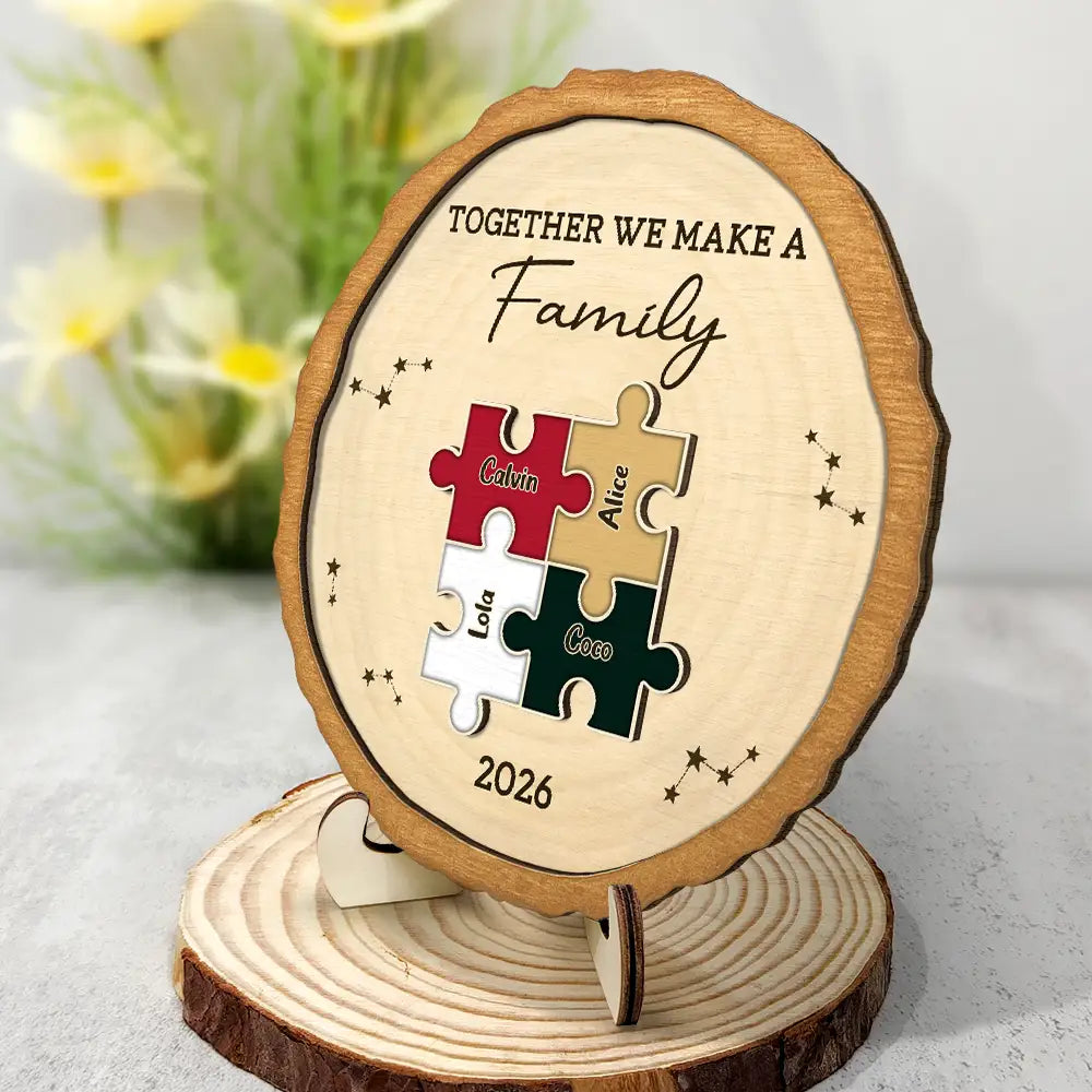 Family,Pet Lovers,Pet Mom,Pet Dad,Pet Couple,Dog Lovers,Dog Couple,Dog Mom,Dog Dad,Cat Lovers,Cat Mom,Cat Dad,Cat Couple,Happy,Single Mom,Single Dad,Gift For Grandpa,Gift For Grandma,Gift For Grandkids - The Pieces That Make Our Family Puzzle - Personalized 2-Layered Wooden Plaque With Stand