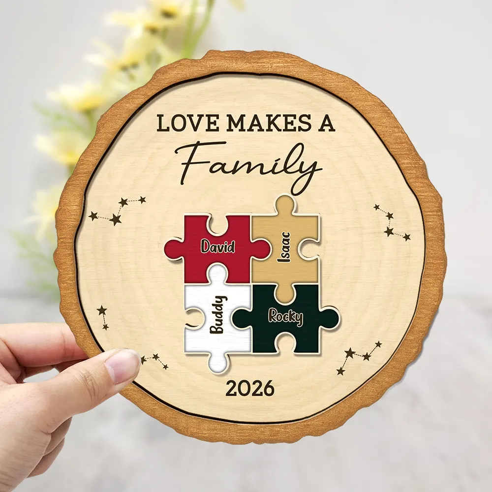 Family,Pet Lovers,Pet Mom,Pet Dad,Pet Couple,Dog Lovers,Dog Couple,Dog Mom,Dog Dad,Cat Lovers,Cat Mom,Cat Dad,Cat Couple,Happy,Single Mom,Single Dad,Gift For Grandpa,Gift For Grandma,Gift For Grandkids - The Pieces That Make Our Family Puzzle - Personalized 2-Layered Wooden Plaque With Stand
