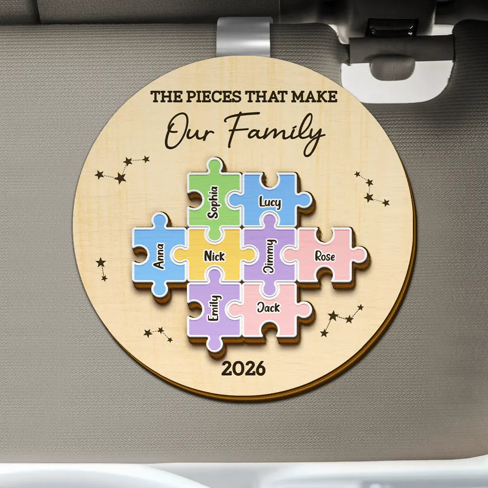 Family,Pet Lovers,Pet Mom,Pet Dad,Pet Couple,Dog Lovers,Dog Couple,Dog Mom,Dog Dad,Cat Lovers,Cat Mom,Cat Dad,Cat Couple,Happy,Single Mom,Single Dad,Gift For Grandpa,Gift For Grandma,Gift For Grandkids - The Pieces That Make Our Family Puzzle - Personalized Custom Shaped Car Visor Clip