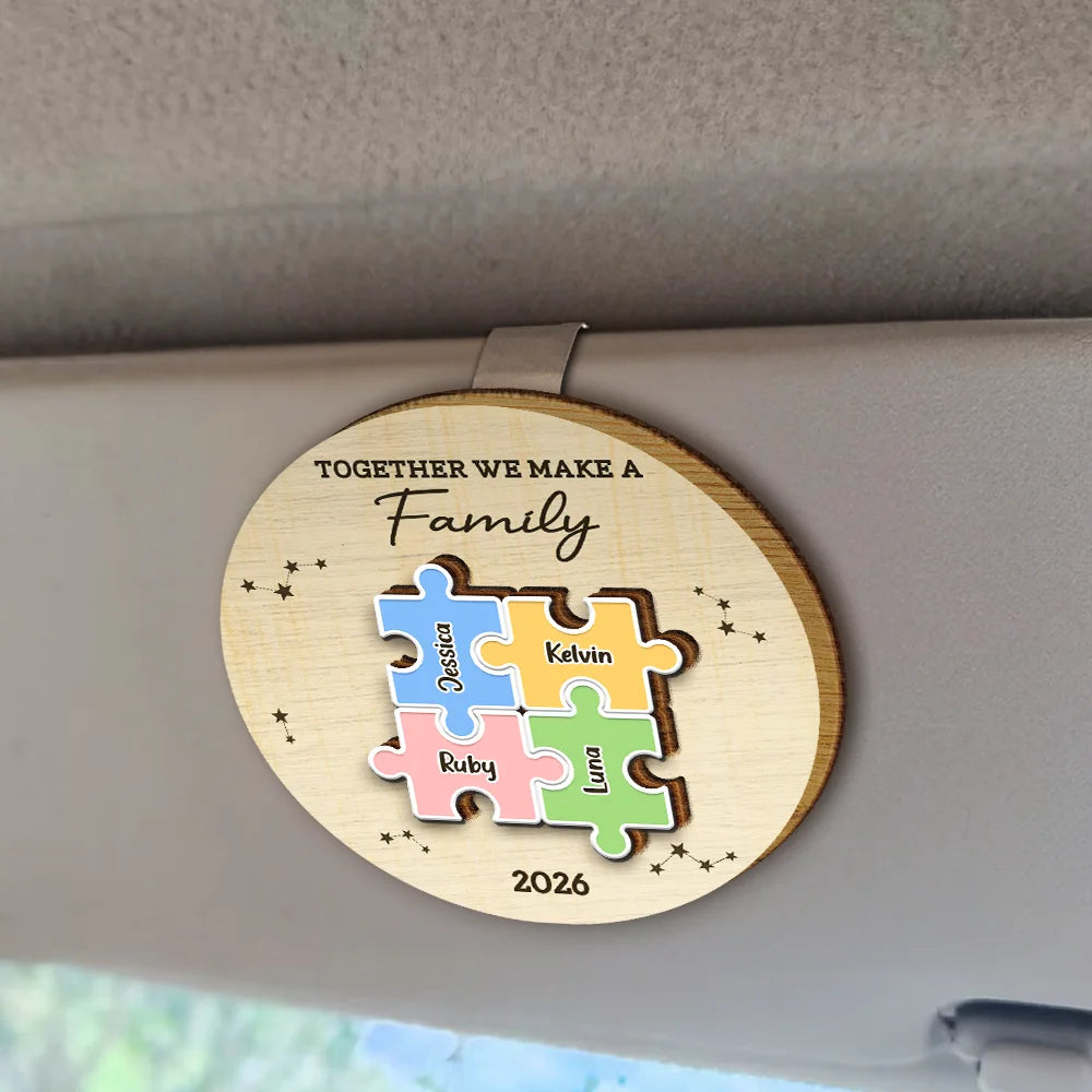 Family,Pet Lovers,Pet Mom,Pet Dad,Pet Couple,Dog Lovers,Dog Couple,Dog Mom,Dog Dad,Cat Lovers,Cat Mom,Cat Dad,Cat Couple,Happy,Single Mom,Single Dad,Gift For Grandpa,Gift For Grandma,Gift For Grandkids - The Pieces That Make Our Family Puzzle - Personalized Custom Shaped Car Visor Clip