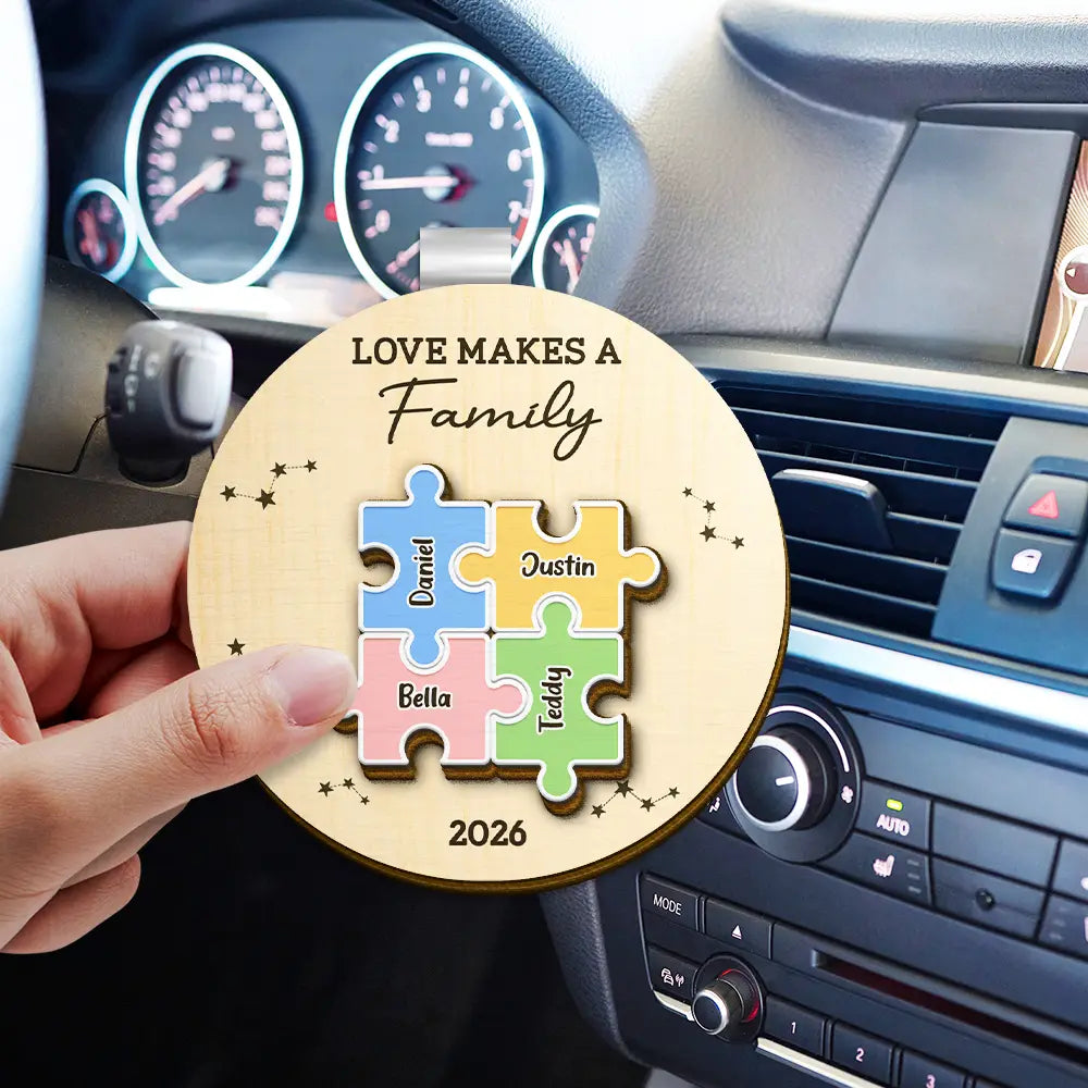 Family,Pet Lovers,Pet Mom,Pet Dad,Pet Couple,Dog Lovers,Dog Couple,Dog Mom,Dog Dad,Cat Lovers,Cat Mom,Cat Dad,Cat Couple,Happy,Single Mom,Single Dad,Gift For Grandpa,Gift For Grandma,Gift For Grandkids - The Pieces That Make Our Family Puzzle - Personalized Custom Shaped Car Visor Clip