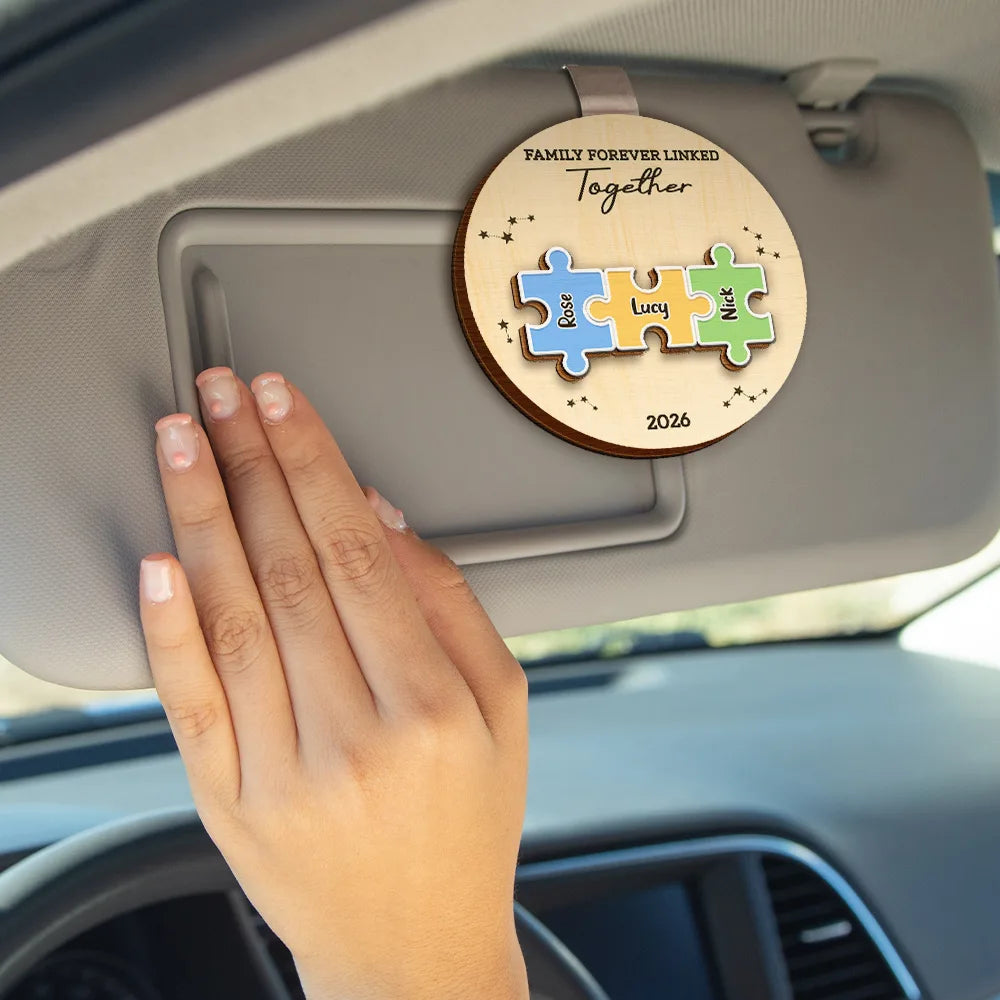 Family,Pet Lovers,Pet Mom,Pet Dad,Pet Couple,Dog Lovers,Dog Couple,Dog Mom,Dog Dad,Cat Lovers,Cat Mom,Cat Dad,Cat Couple,Happy,Single Mom,Single Dad,Gift For Grandpa,Gift For Grandma,Gift For Grandkids - The Pieces That Make Our Family Puzzle - Personalized Custom Shaped Car Visor Clip