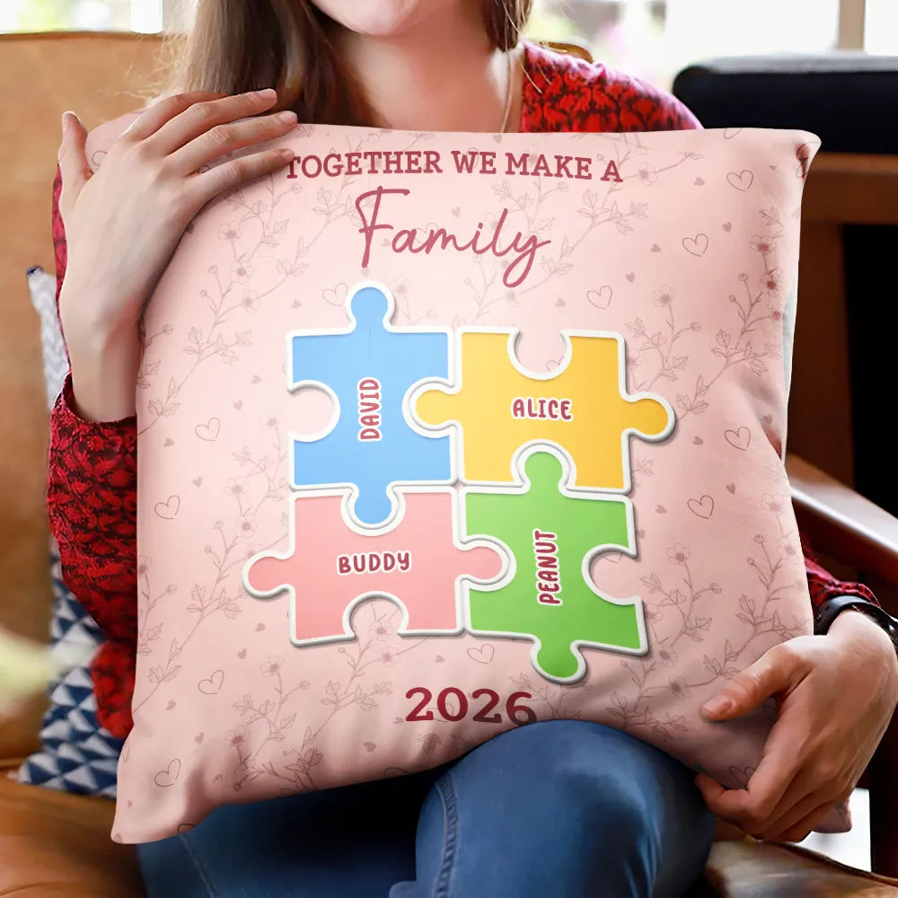 Family,Pet Lovers,Pet Mom,Pet Dad,Pet Couple,Dog Lovers,Dog Couple,Dog Mom,Dog Dad,Cat Lovers,Cat Mom,Cat Dad,Cat Couple,Happy,Single Mom,Single Dad,Gift For Grandpa,Gift For Grandma,Gift For Grandkids - The Pieces That Make Our Family Puzzle - Personalized Pillow