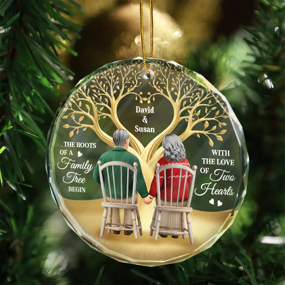 Gift For Couples,Old Couples,Gift For Wife,Gift For Husband,Christmas,Love,Gift For Women,Gift For Men - The Roots Of A Family Tree Begin With Two Hearts - Personalized Circle Glass Ornament