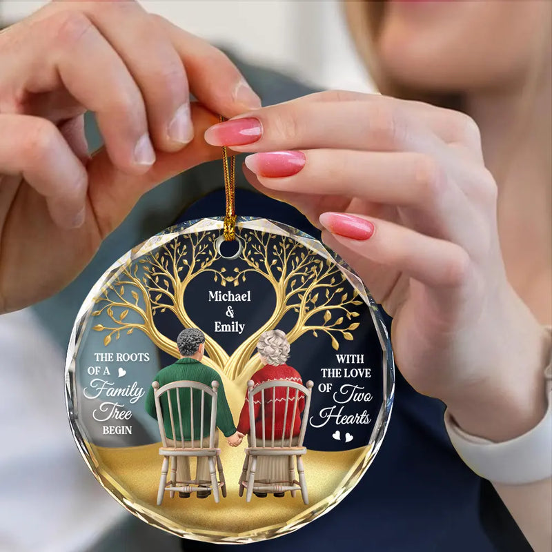 Gift For Couples,Old Couples,Gift For Wife,Gift For Husband,Christmas,Love,Gift For Women,Gift For Men - The Roots Of A Family Tree Begin With Two Hearts - Personalized Circle Glass Ornament