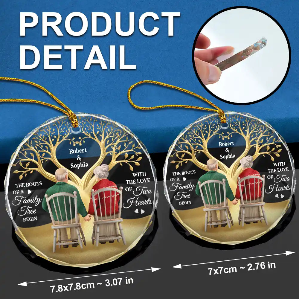 Gift For Couples,Old Couples,Gift For Wife,Gift For Husband,Christmas,Love,Gift For Women,Gift For Men - The Roots Of A Family Tree Begin With Two Hearts - Personalized Circle Glass Ornament