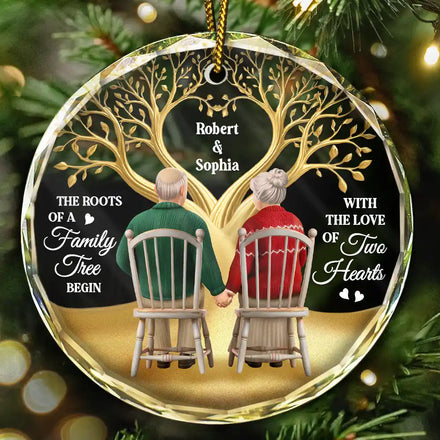 The Roots Of A Family Tree Begin With Two Hearts - Personalized Circle Glass Ornament