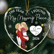 The Year I Found My Missing Piece Kissing Couples - Personalized Heart Shaped Glass Ornament