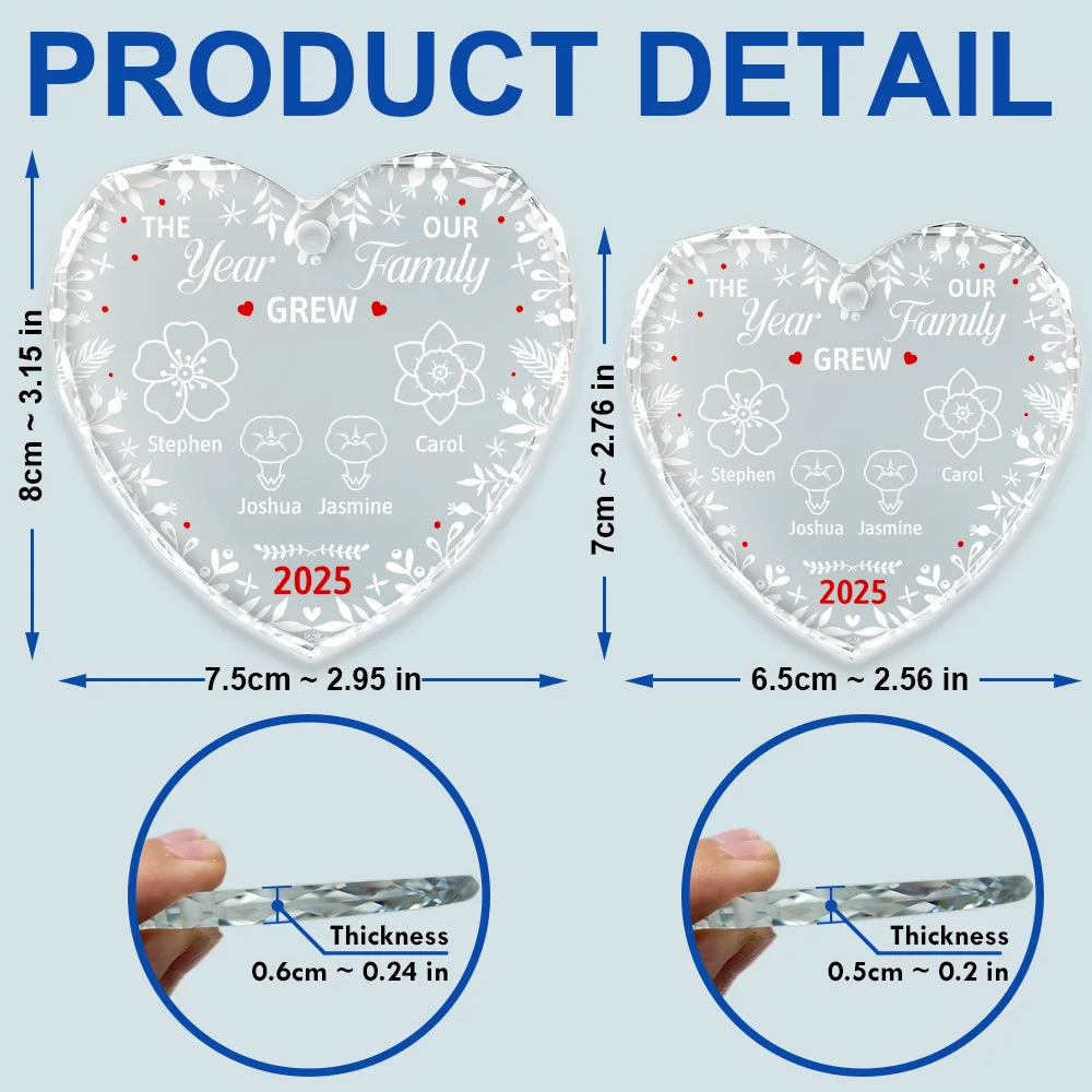 Gift For Couples, Gift For Husband, Gift For Wife, Parents, Gift For Mother, Gift For Father, Family, New baby, New Dad, New Mom, Christmas, Love - The Year Our Family Grew - Personalized Heart Shaped Glass Ornament