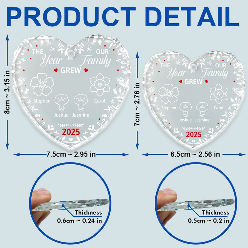 Gift For Couples, Gift For Husband, Gift For Wife, Parents, Gift For Mother, Gift For Father, Family, New baby, New Dad, New Mom, Christmas, Love - The Year Our Family Grew - Personalized Heart Shaped Glass Ornament