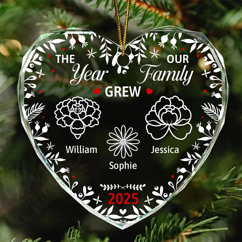 The Year Our Family Grew - Personalized Heart Shaped Glass Ornament