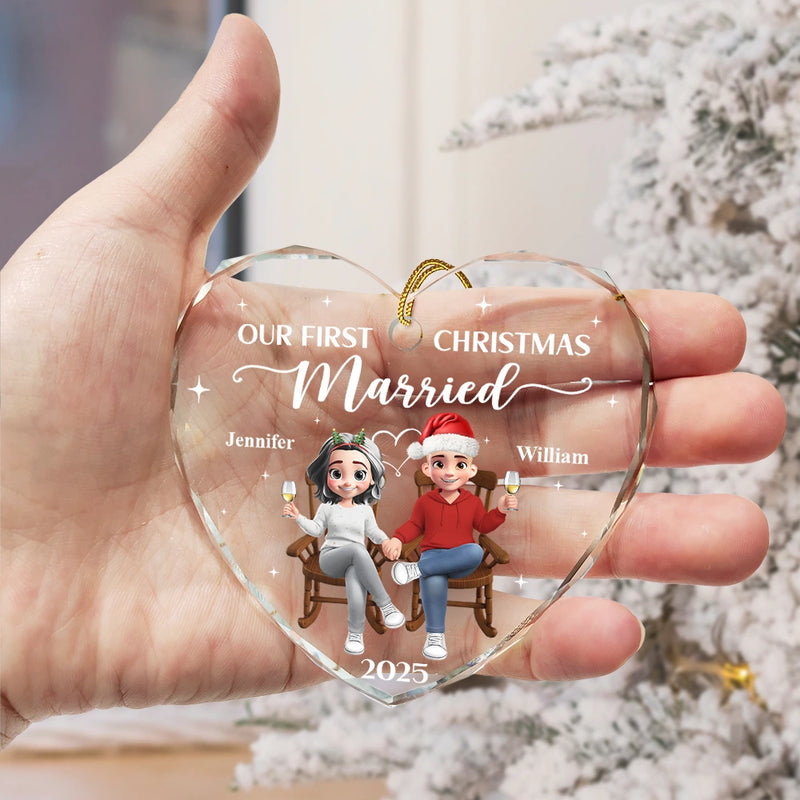 Love, Christmas, Gift For Wife, Gift For Husband, Gift For Couples - The Year We Became Mr & Mrs - Personalized Heart Shaped Glass Ornament