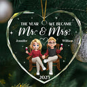 Love, Christmas, Gift For Wife, Gift For Husband, Gift For Couples - The Year We Became Mr & Mrs - Personalized Heart Shaped Glass Ornament