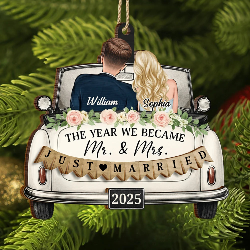 The Year We Became Mr & Mrs Couple In Car - Personalized 2-Layered Wooden Ornament
