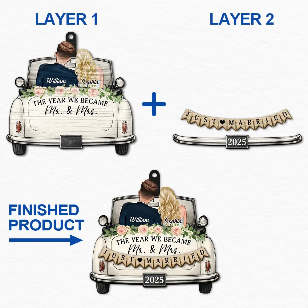 Love, Christmas, Gift For Wife, Gift For Husband, Gift For Couples, Married, Engaged, Wedding Anniversary - The Year We Became Mr & Mrs Couple In Car - Personalized 2-Layered Wooden Ornament