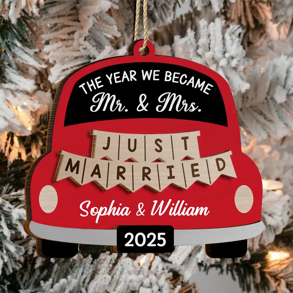 Love,Christmas,Gift For Wife,Gift For Husband,Gift For Couples,Married ,Engaged - The Year We Became Mr & Mrs Wedding Car - Personalized 2-Layered Wooden Ornament