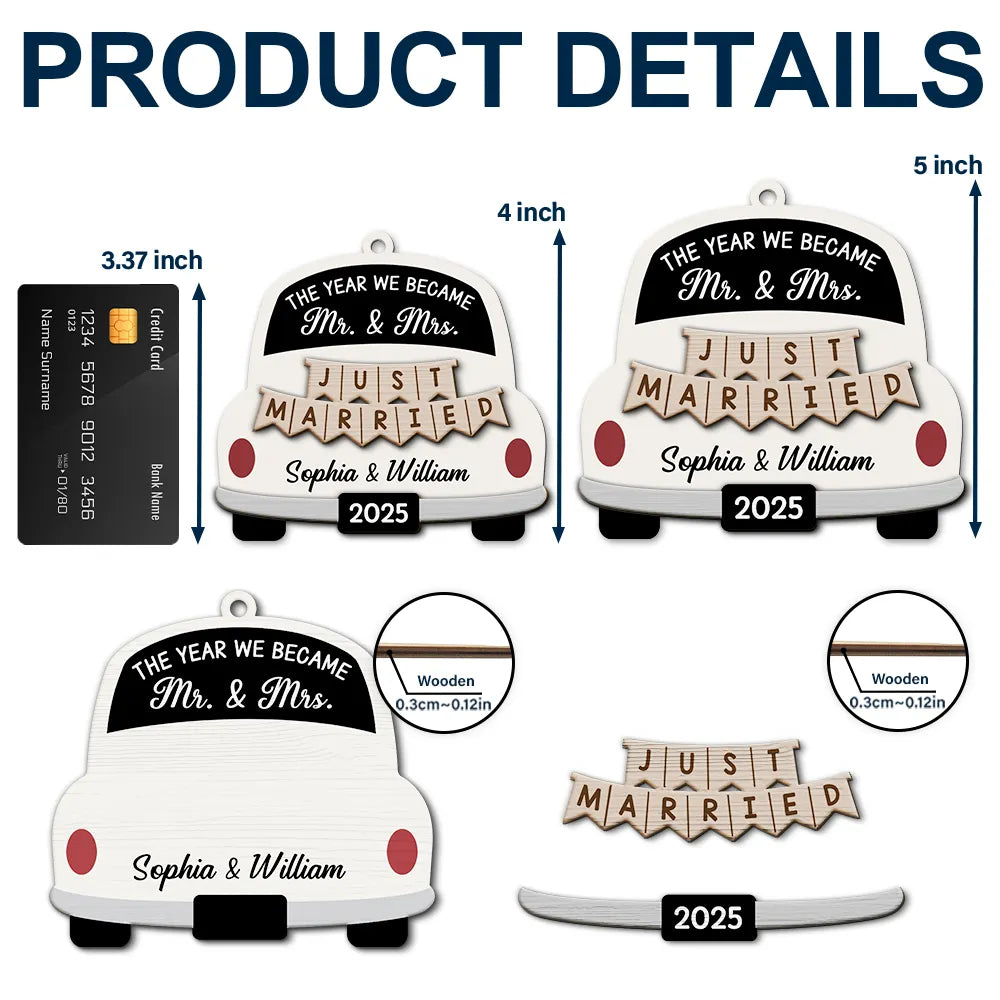 Love,Christmas,Gift For Wife,Gift For Husband,Gift For Couples,Married ,Engaged - The Year We Became Mr & Mrs Wedding Car - Personalized 2-Layered Wooden Ornament