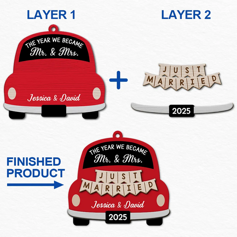 Love,Christmas,Gift For Wife,Gift For Husband,Gift For Couples,Married ,Engaged - The Year We Became Mr & Mrs Wedding Car - Personalized 2-Layered Wooden Ornament
